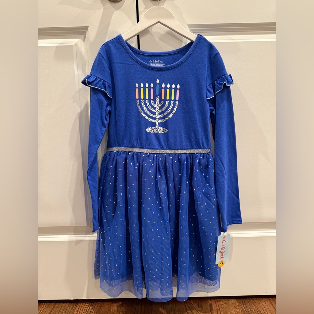 Cat & Jack Hanukkah dress menorah girls size 8 tulle skirt blue silver glitter